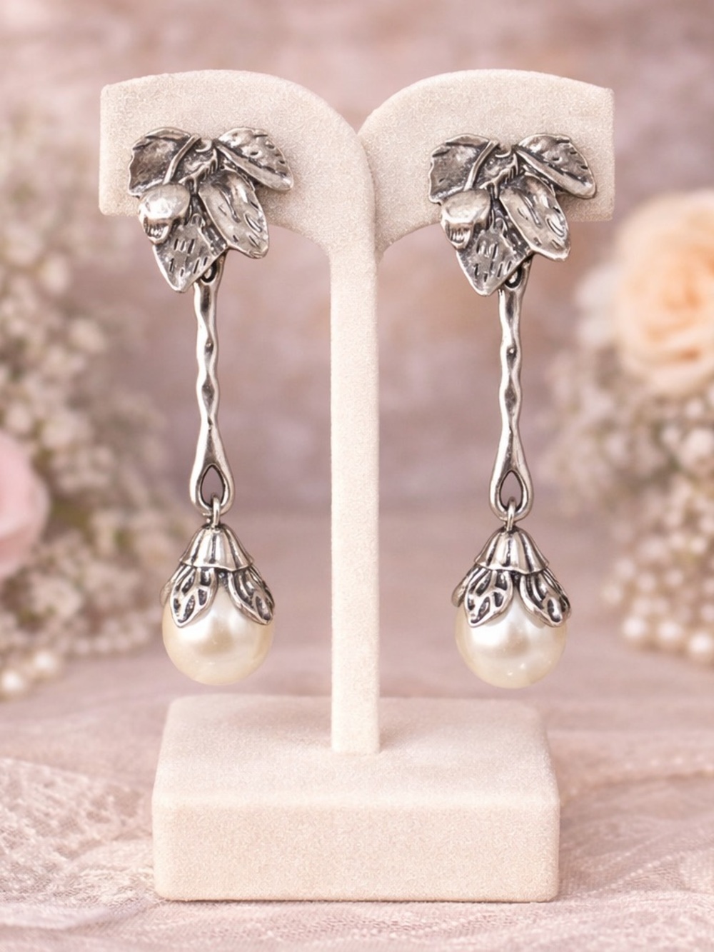 aparazzi Silver Pearl Drop Earrings Floral Leaf Post Back 2.75”